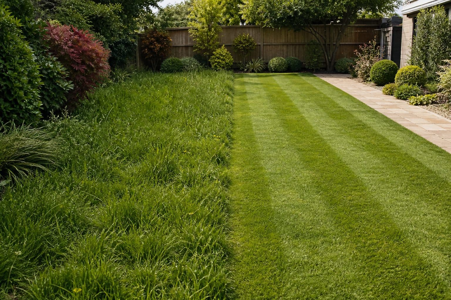 A lawn changing from overgrown to freshly mown