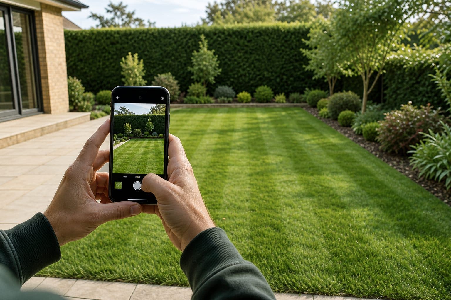 A lawn photo being taken on a phone for a Noble Grounds quote